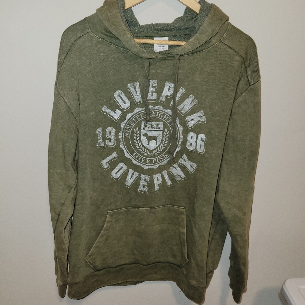 VICTORIAS SECRET PINK olive army green campus pullover size large